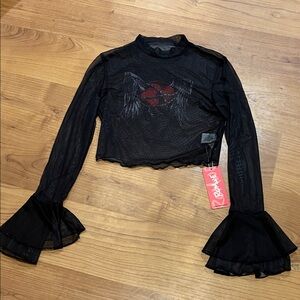 Black Sheer mesh Long Sleeve Crop Top XS chained wings heart nwt